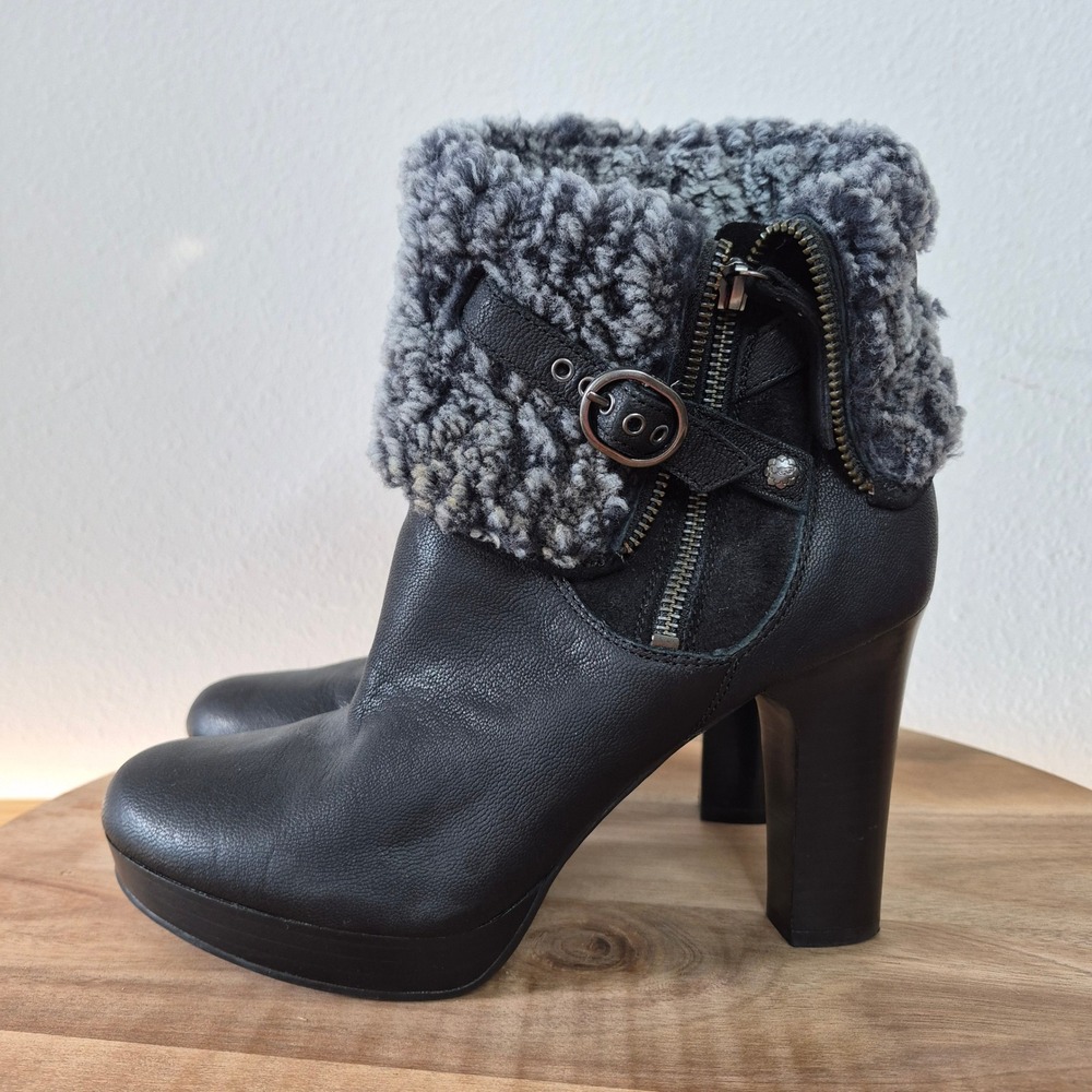 Ugg Scarlett Ankle Boots Leather Shearling Buckle Black Grey 10 Heels Streetwear